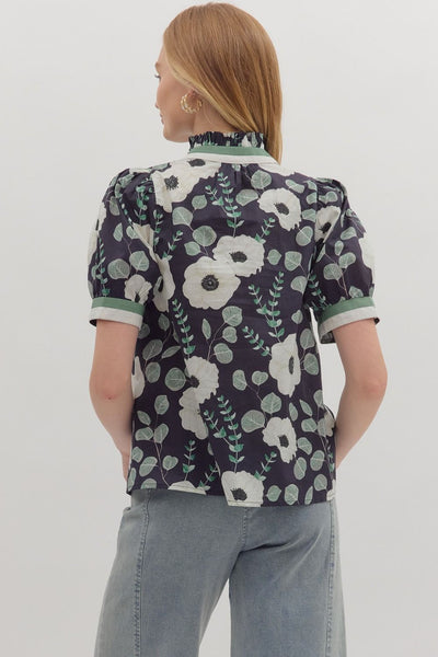 Short Puff Sleeve Floral Print Top Navy by Entro