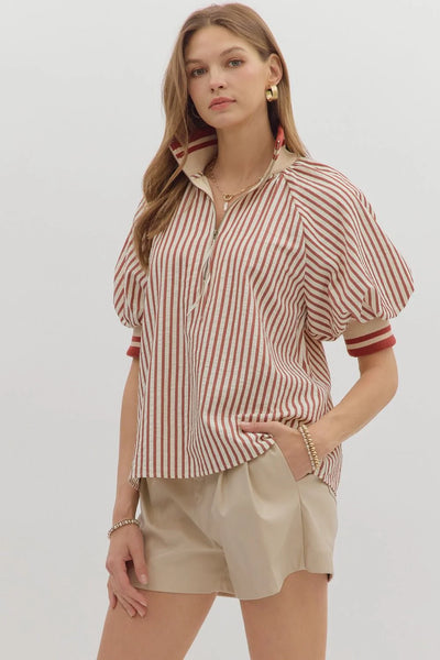 Stripe Zip Up Short Sleeve Top Brick by Entro