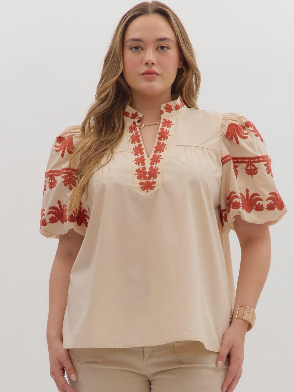 Short Bubble Sleeve Embroidered Top Ecru by Entro
