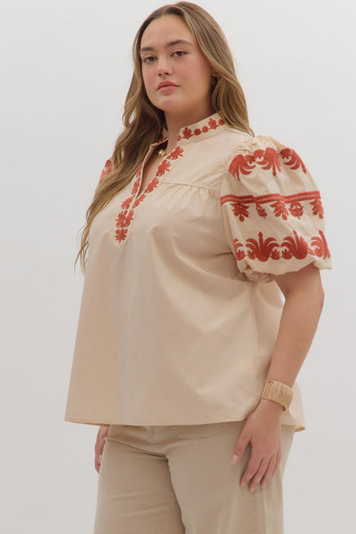 Short Bubble Sleeve Embroidered Top Ecru by Entro