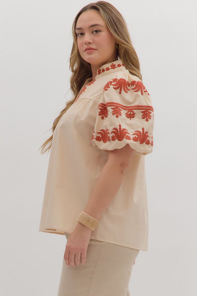 Short Bubble Sleeve Embroidered Top Ecru by Entro