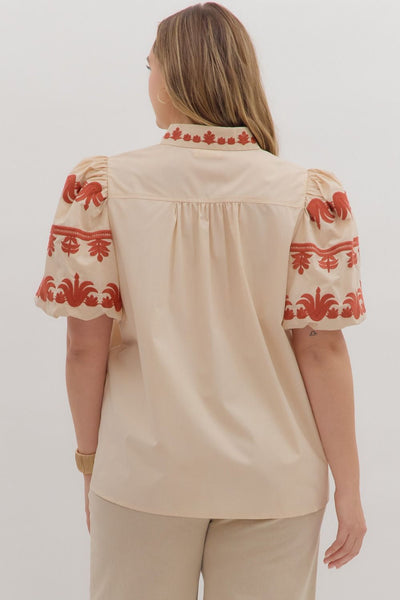 Short Bubble Sleeve Embroidered Top Ecru by Entro
