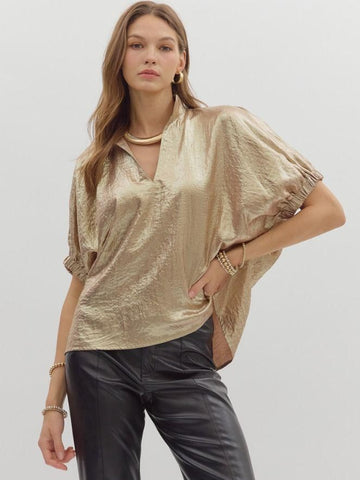 Metallic V-Neck Band Collar S/S Top Gold by Entro