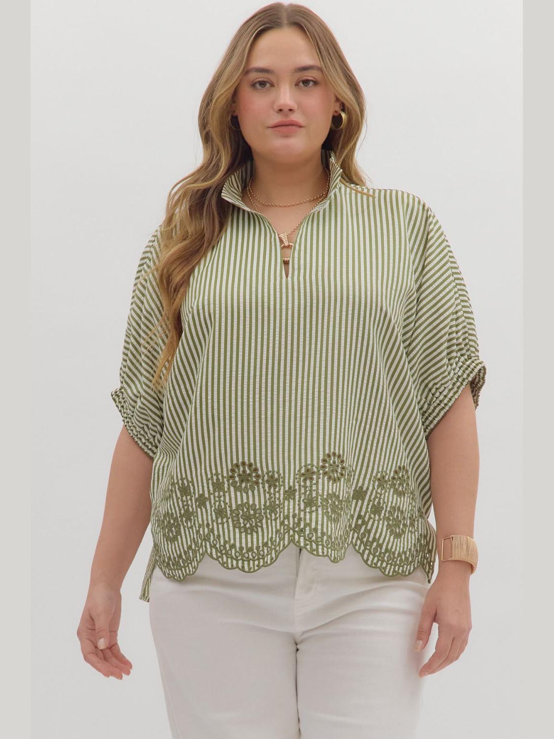Striped Short Sleeve Top Olive by Entro