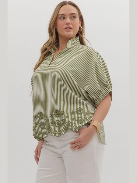 Striped Short Sleeve Top Olive by Entro