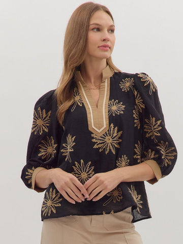 Botanical Embroidered Top Black by Entro
