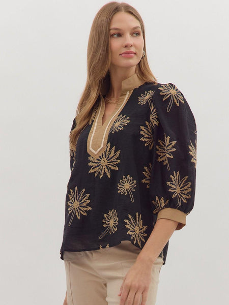 Botanical Embroidered Top Black by Entro