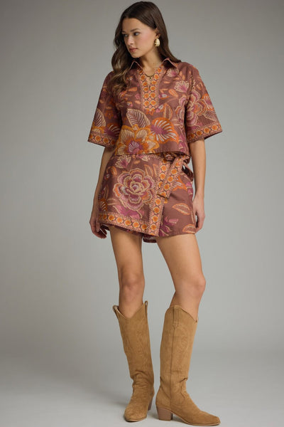 Botanical Print Split Neck Top Terra Cotta by Entro