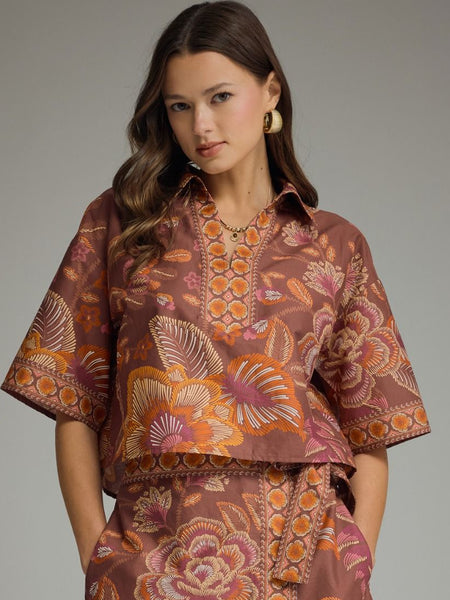 Botanical Print Split Neck Top Terra Cotta by Entro