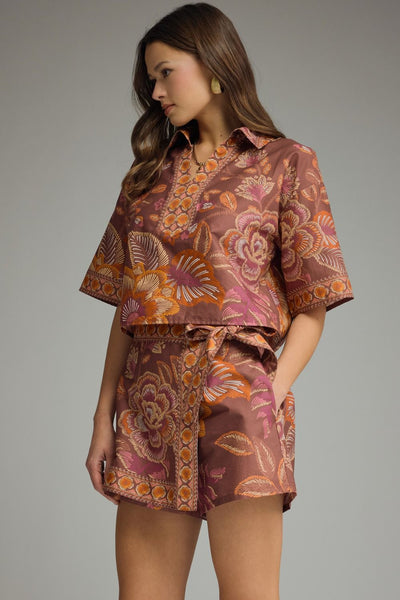 Botanical Print Split Neck Top Terra Cotta by Entro