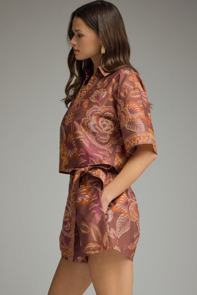 Botanical Print Split Neck Top Terra Cotta by Entro