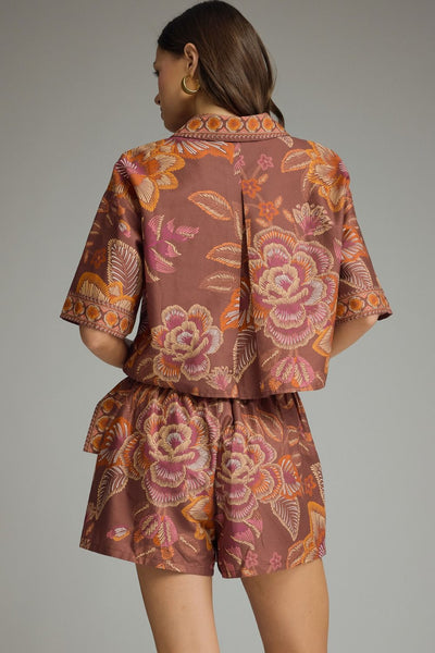 Botanical Print Split Neck Top Terra Cotta by Entro