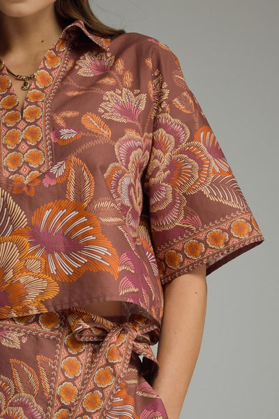 Botanical Print Split Neck Top Terra Cotta by Entro