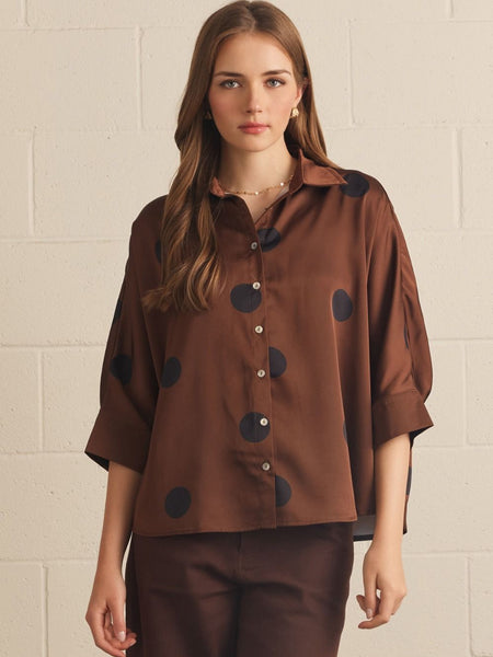 Polka Dot Button Front Top Brown by Entro
