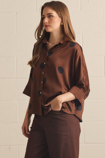 Polka Dot Button Front Top Brown by Entro