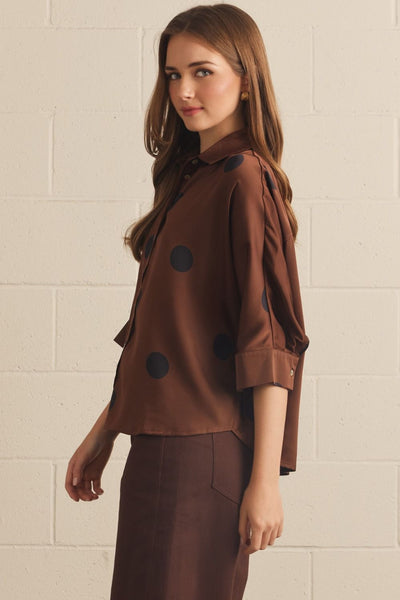 Polka Dot Button Front Top Brown by Entro