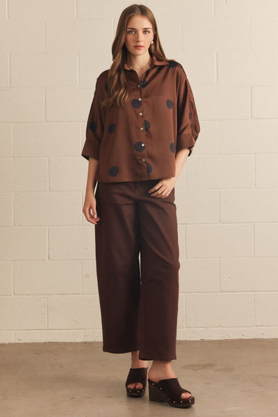Polka Dot Button Front Top Brown by Entro