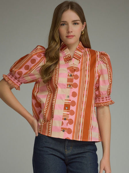 Mixed Print Puff Sleeve Blouse by Entro