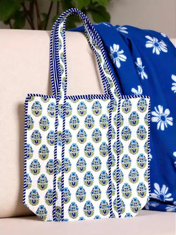 Emma Blue and White Floral Tote Bag