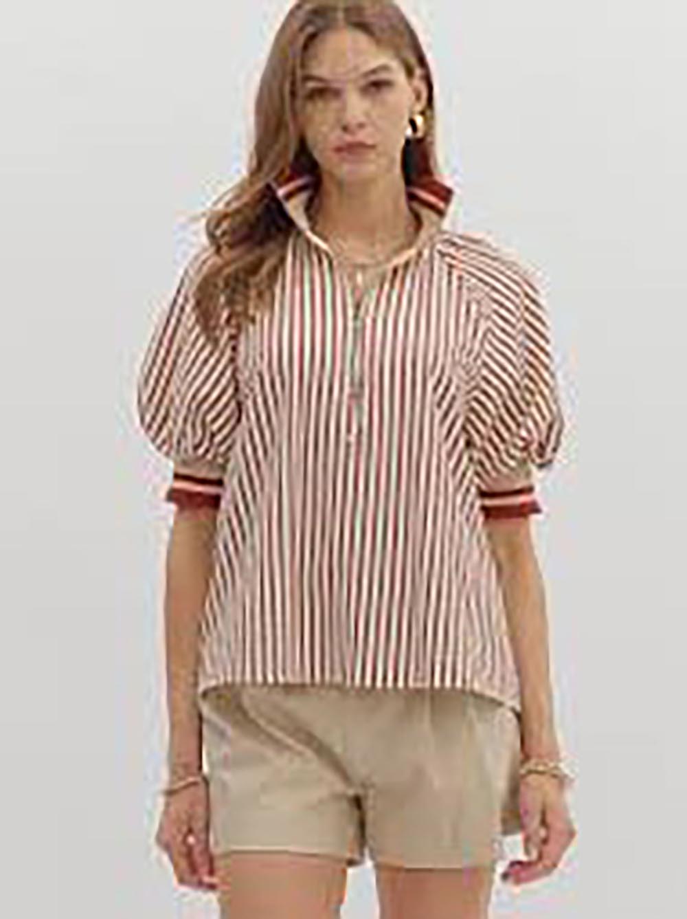 Stripe Zip Up Short Sleeve Top Brick by Entro