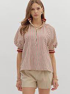 Stripe Zip Up Short Sleeve Top Brick by Entro