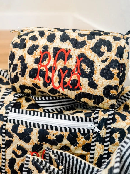 Quilted Block-Print Makeup Bag - Black Leopard