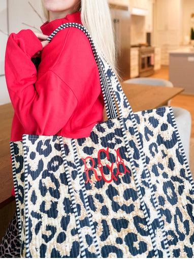 Quilted Block-Print Tote Bag - Black Leopard