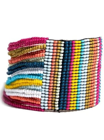 Olive Vertical Stripe Beaded Stretch Bracelet Multicolor