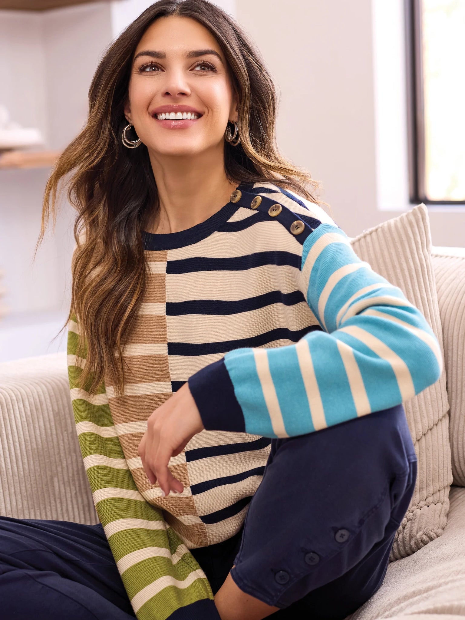 Multi Stripe Lightweight Crewneck Sweater Icelatte by Tribal