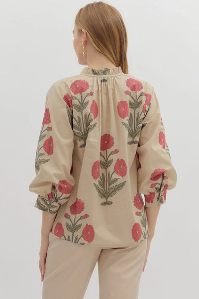 Floral Print Bubble Sleeve Top Ecru by Entro