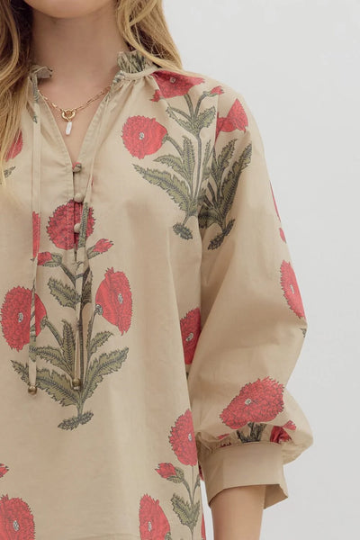 Floral Print Bubble Sleeve Top Ecru by Entro