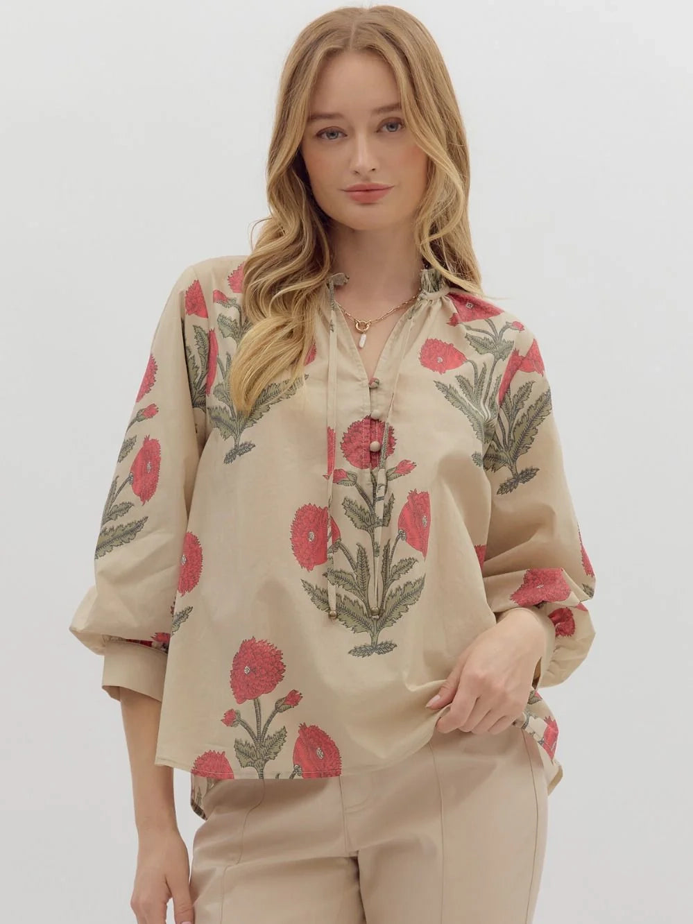 Floral Print Bubble Sleeve Top Ecru by Entro
