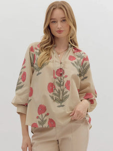 Floral Print Bubble Sleeve Top Ecru by Entro