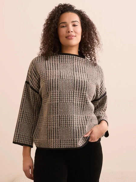 3/4 Sleeve Mock Neck Jacquard Plaid Top Sandstone by Tribal