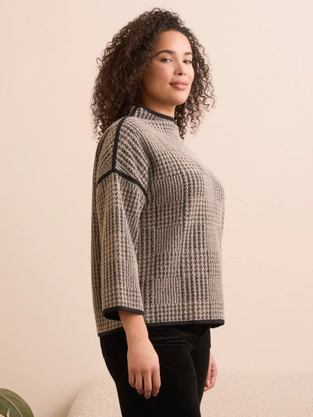 3/4 Sleeve Mock Neck Jacquard Plaid Top Sandstone by Tribal