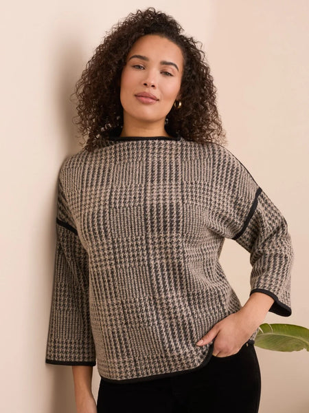 3/4 Sleeve Mock Neck Jacquard Plaid Top Sandstone by Tribal