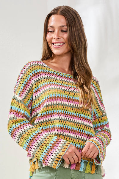 Multicolor Crochet Bell Sleeve Sweater Aqua Sky by Tribal