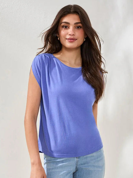 Boat Neck Cap Sleeve Top w/ Pleats Baja Blue by Tribal