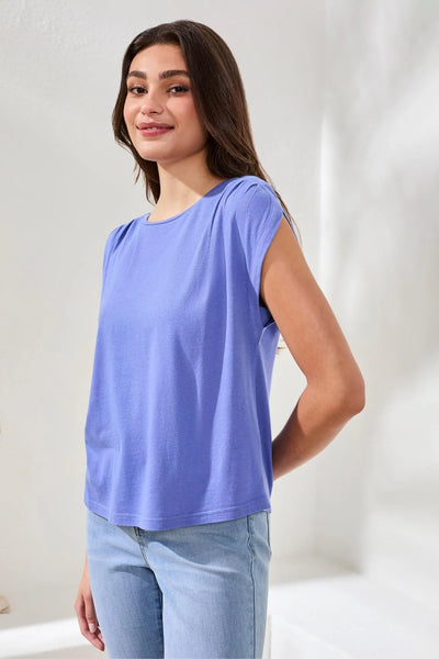 Boat Neck Cap Sleeve Top w/ Pleats Baja Blue by Tribal