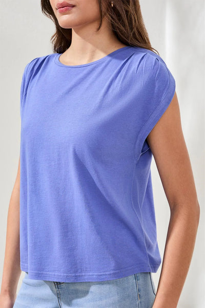 Boat Neck Cap Sleeve Top w/ Pleats Baja Blue by Tribal