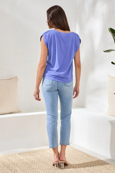 Boat Neck Cap Sleeve Top w/ Pleats Baja Blue by Tribal