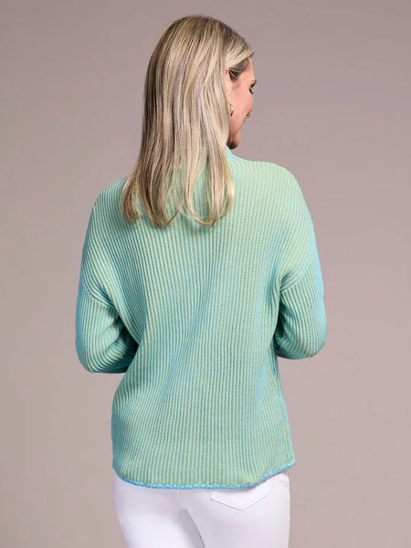 Combed Cotton Two-Tone Rib Funnel Neck Sweater Mistblue by Tribal