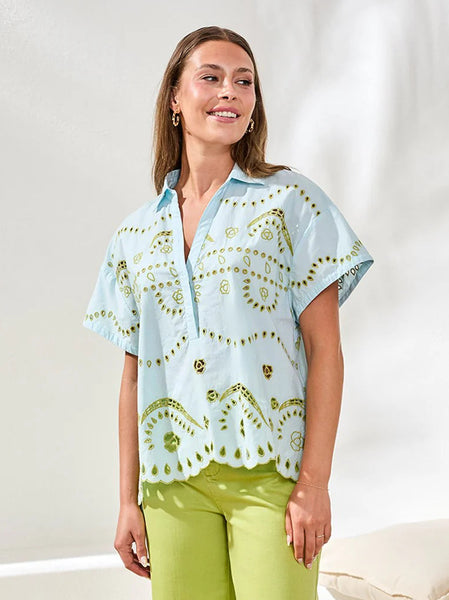 Embroidered Poplin S/S Blouse LtAquaSky by Tribal