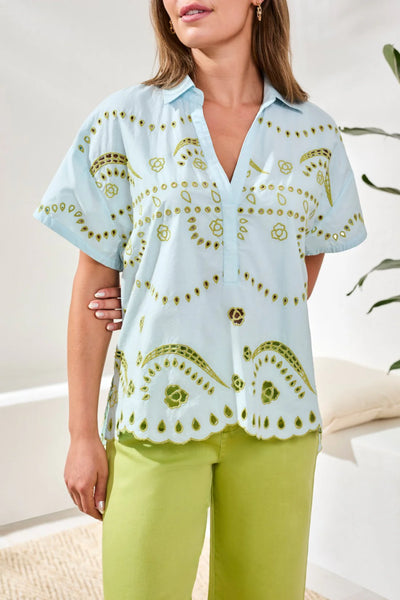 Embroidered Poplin S/S Blouse LtAquaSky by Tribal