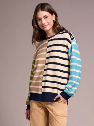 Multi Stripe Lightweight Crewneck Sweater Icelatte by Tribal