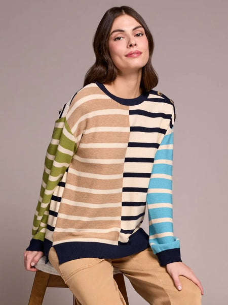 Multi Stripe Lightweight Crewneck Sweater Icelatte by Tribal