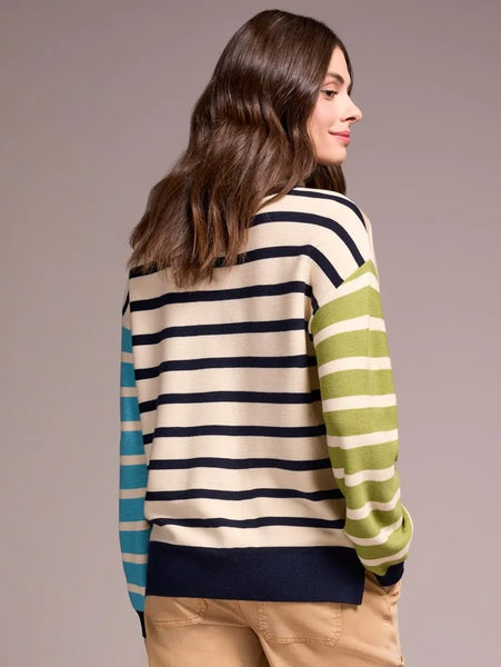 Multi Stripe Lightweight Crewneck Sweater Icelatte by Tribal