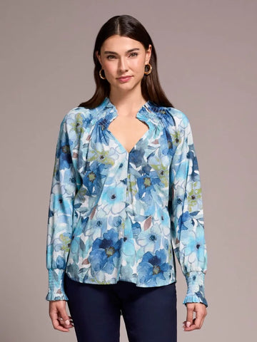Printed Textured Smocked V-Neck Blouse Slateblue by Tribal