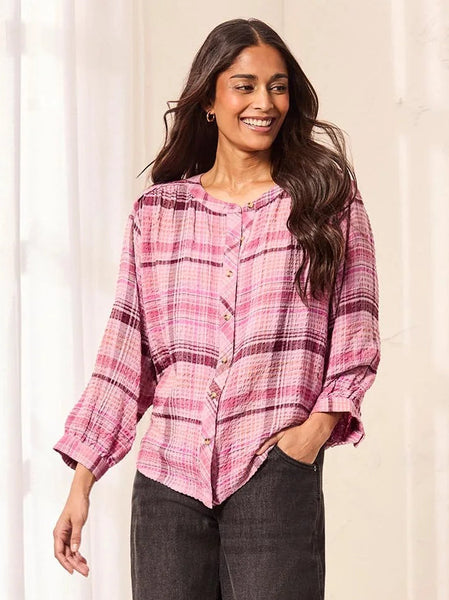 Wide Puff Sleeve Plaid Blouse Nostalgia by Tribal