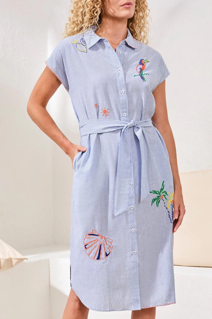 Placement Embroidered Shirt Dress Baja Blue by Tribal  Tassels